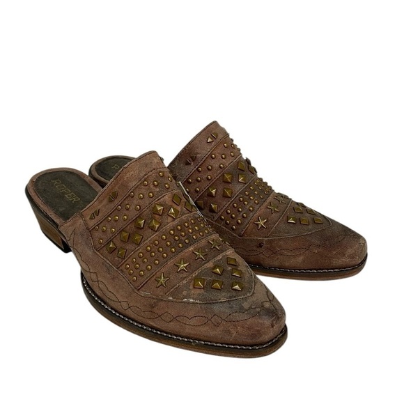 ROPER Shoes Studded Mules Brown Distressed Leather Embroidered NWT Size 9 - Picture 10 of 12